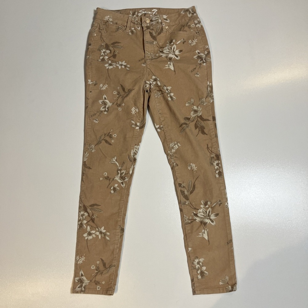 Seven 7 Jeans Floral Corduroy High Rise Skinny Pant Sz 6 Beige Boho Fall Trouser